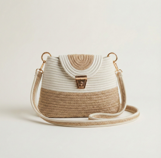 Luxury Beige & White Cotton Rope Handbag | Handmade Structured Crossbody Tote with Gold Lock