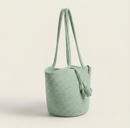 Mint Green Cotton Rope Tote Bag | Handmade Knotted Shoulder Handbag for Women