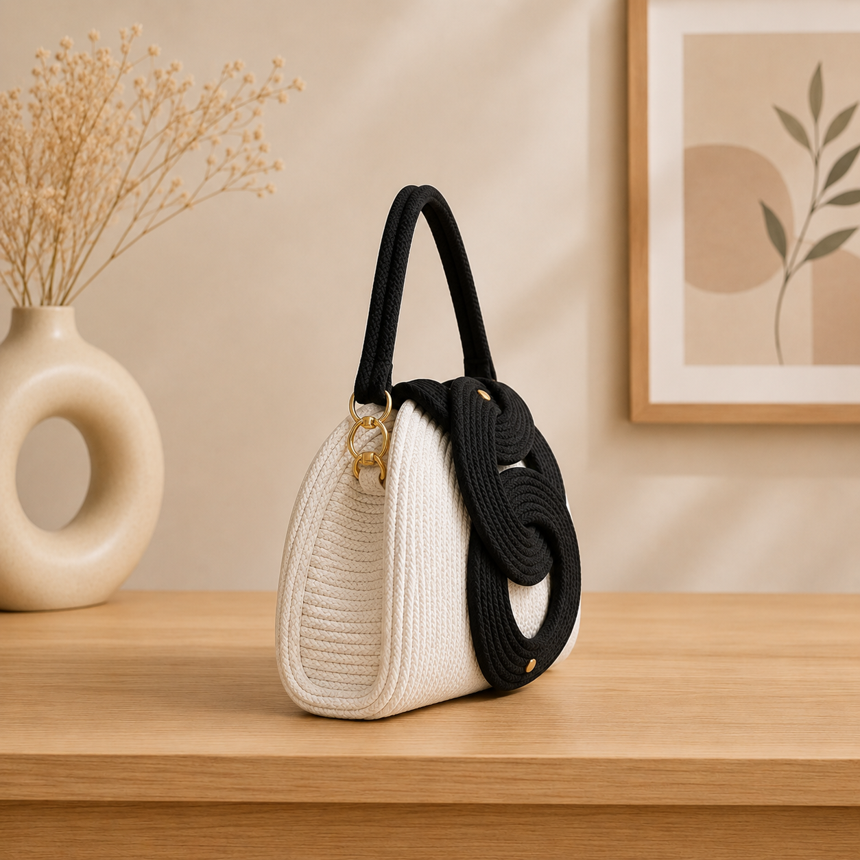 Women's Black & White Woven Handbag | Elegant Rope Design Top Handle Purse | Fashion Shoulder Bag