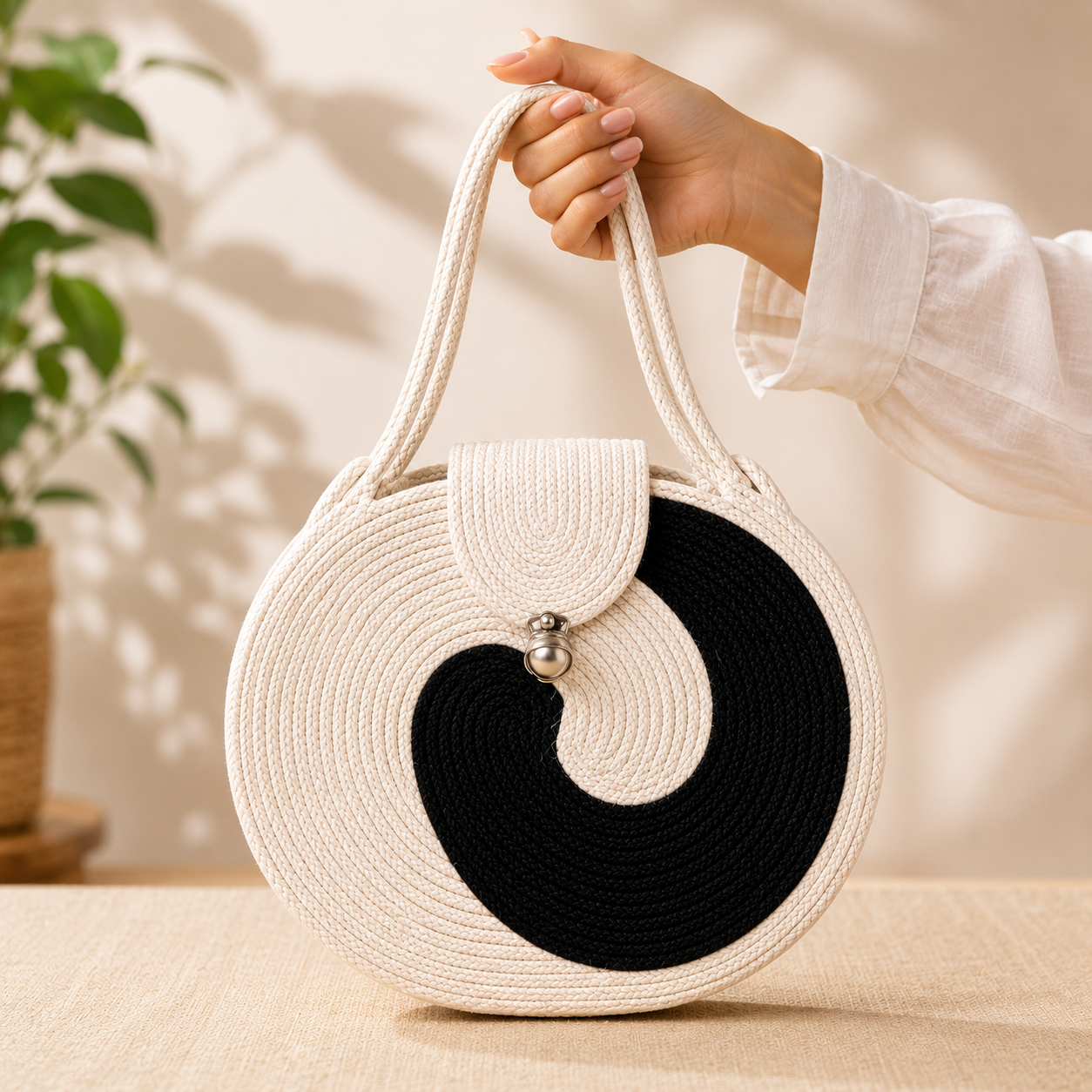 Black & White Striped Cotton Rope Tote Bag | Handmade Large Shoulder Handbag for Women