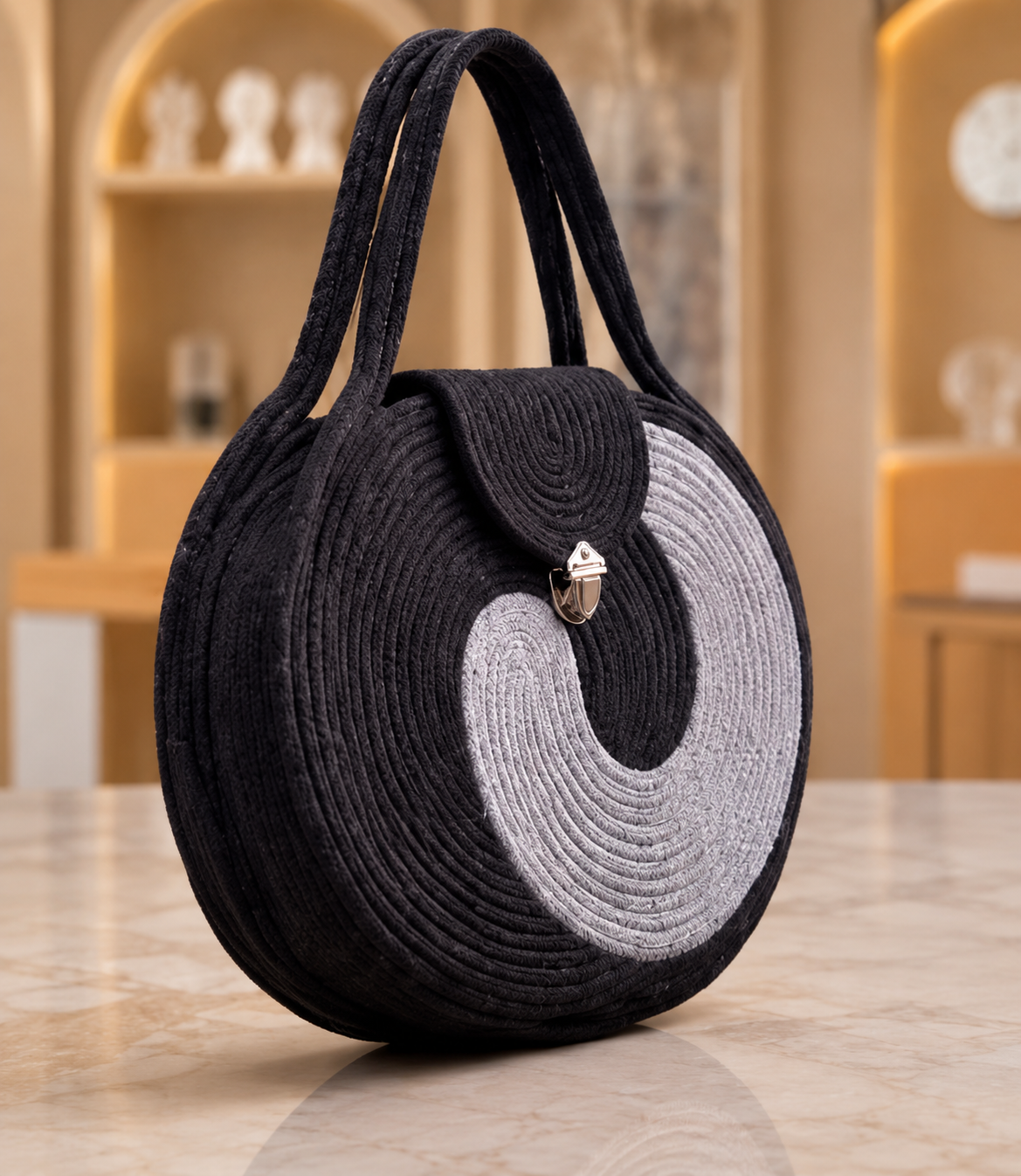 Grey & Black Striped Cotton Rope Tote Bag | Handmade Large Shoulder Handbag for Women