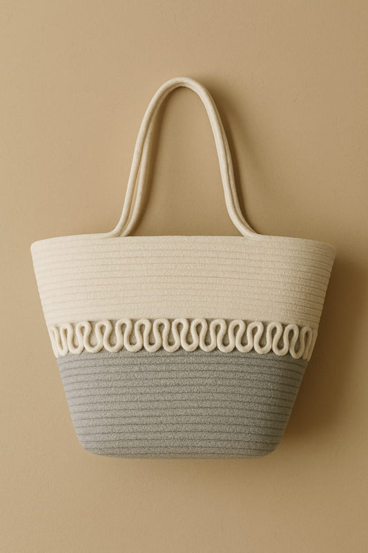 Grey & White Cotton Rope Handbag | Handmade Two-Tone Mini Tote for Women