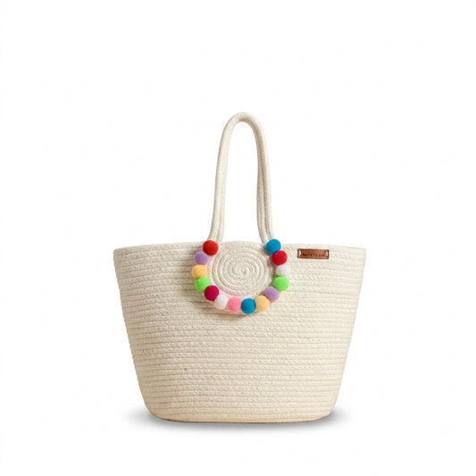 Handmade Cotton Rope Tote Bag with Colorful Pom Poms | Boho Shoulder Handbag for Women