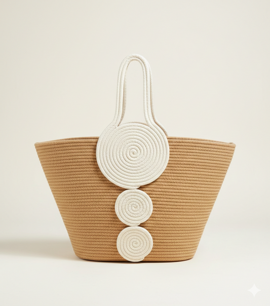 Beige & White Cotton Rope Tote Bag | Handmade Spiral Design Shoulder Handbag for Women