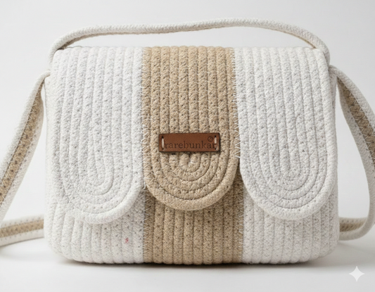 RareBunkar White & Beige Handcrafted Jute & Cotton Handbag