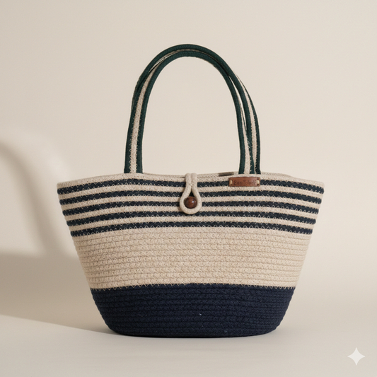 Navy Blue & White Striped Cotton Rope Tote Bag | Handmade Large Shoulder Handbag for Women