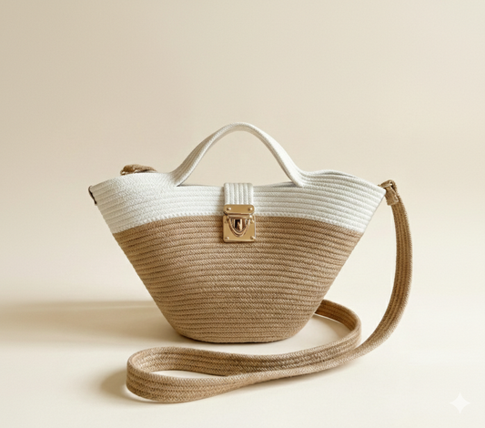 Beige & White Cotton Rope Handbag with Gold Lock | Handmade Two-Tone Crossbody Tote for Women