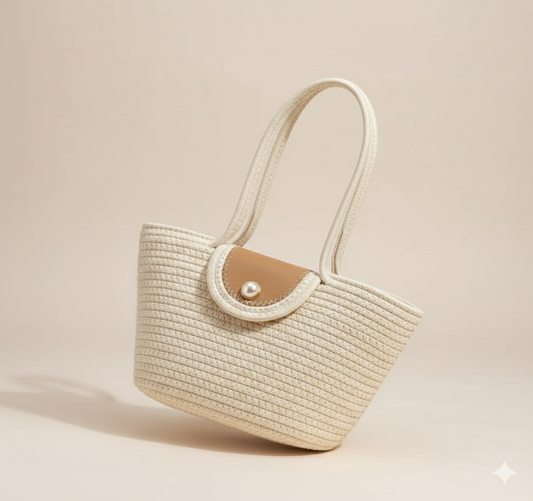 RareBunkar White Leather & Jute Women’s Handbag – Stylish Everyday Tote