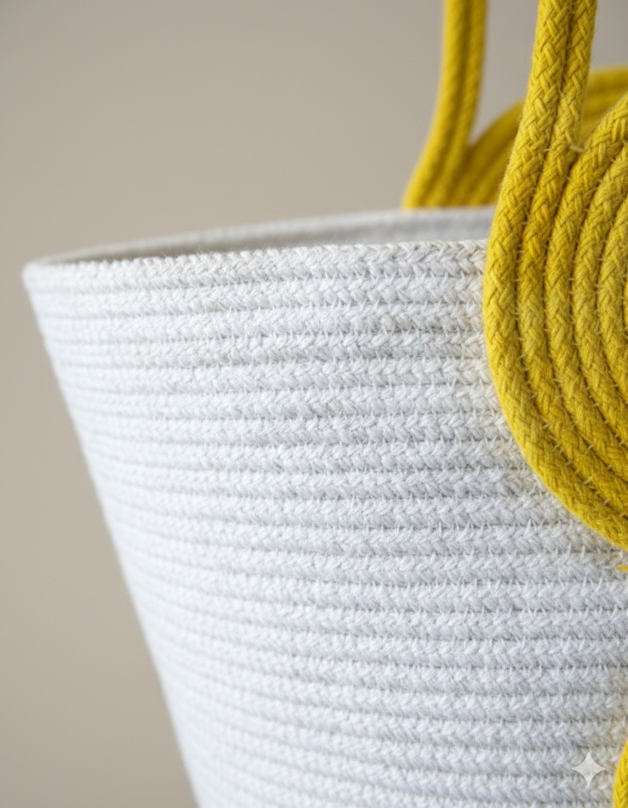 Yellow & White Cotton Rope Tote Bag | Handmade Spiral Design Shoulder Handbag for Women