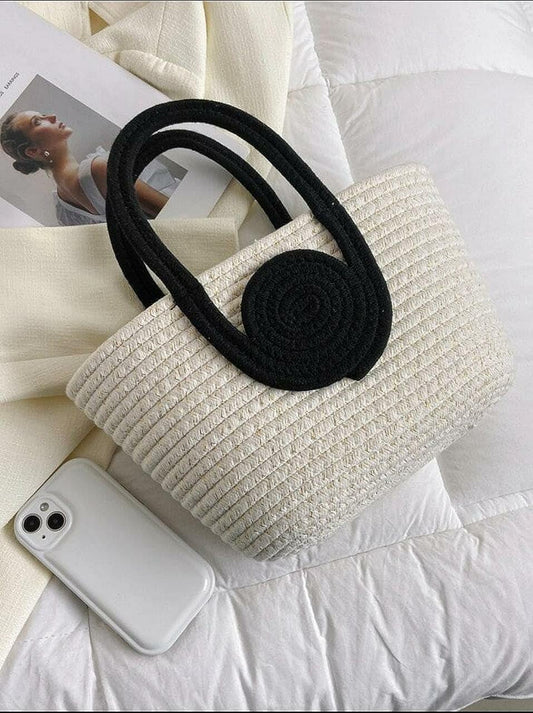 Beige & Black Cotton Rope Tote Bag | Handmade Contrast Handle Shoulder Handbag for Women