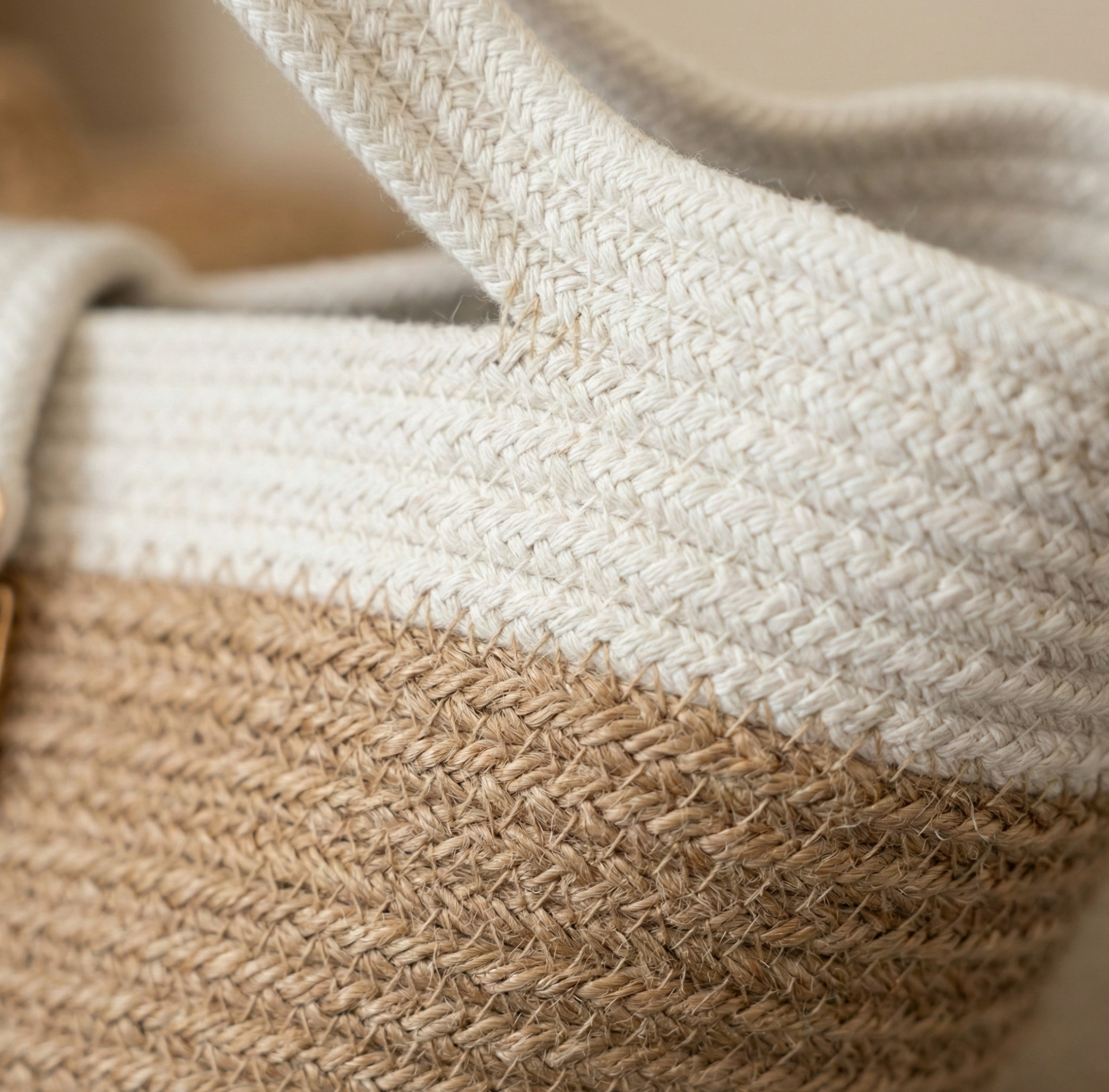 Beige & White Cotton Rope Handbag with Gold Lock | Handmade Two-Tone Crossbody Tote for Women