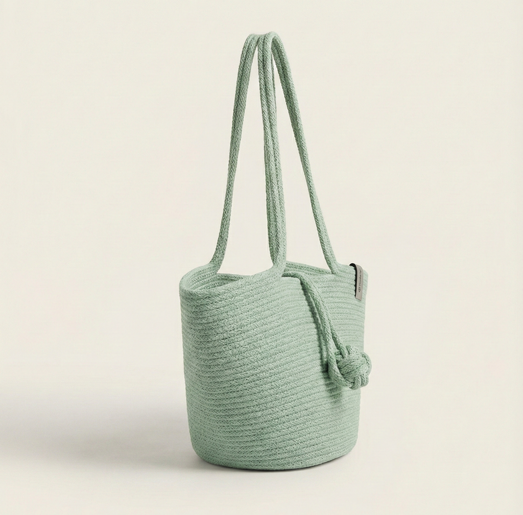 Mint Green Cotton Rope Tote Bag | Handmade Knotted Shoulder Handbag for Women