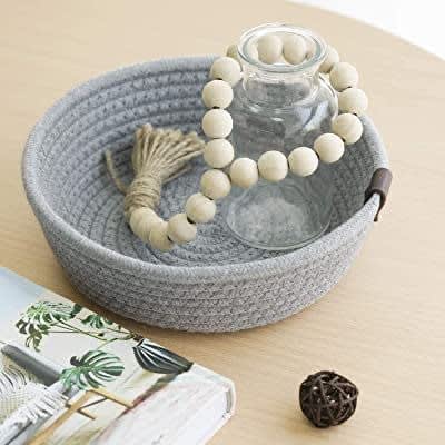 Premium Grey Cotton Rope Storage Baskets Set with Leather Handles | Decorative Organizer Bins for Home