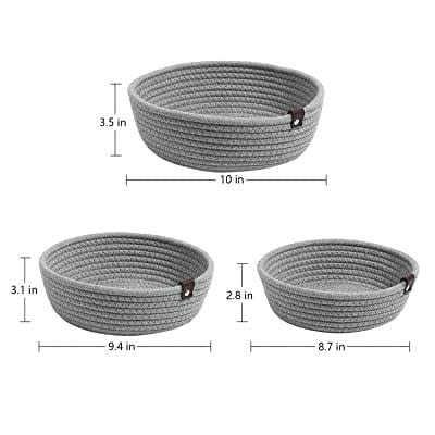 Premium Grey Cotton Rope Storage Baskets Set with Leather Handles | Decorative Organizer Bins for Home