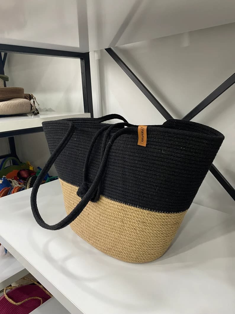 Eco- Friendly Handmade Women Tote Jute Bag in black-beige color
