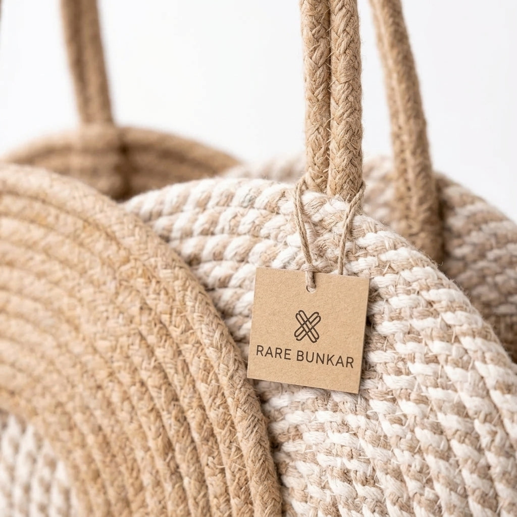 White & Beige Striped Cotton Rope Tote Bag | Handmade Large Shoulder Handbag for Women