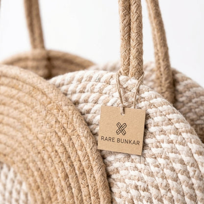 White & Beige Striped Cotton Rope Tote Bag | Handmade Large Shoulder Handbag for Women