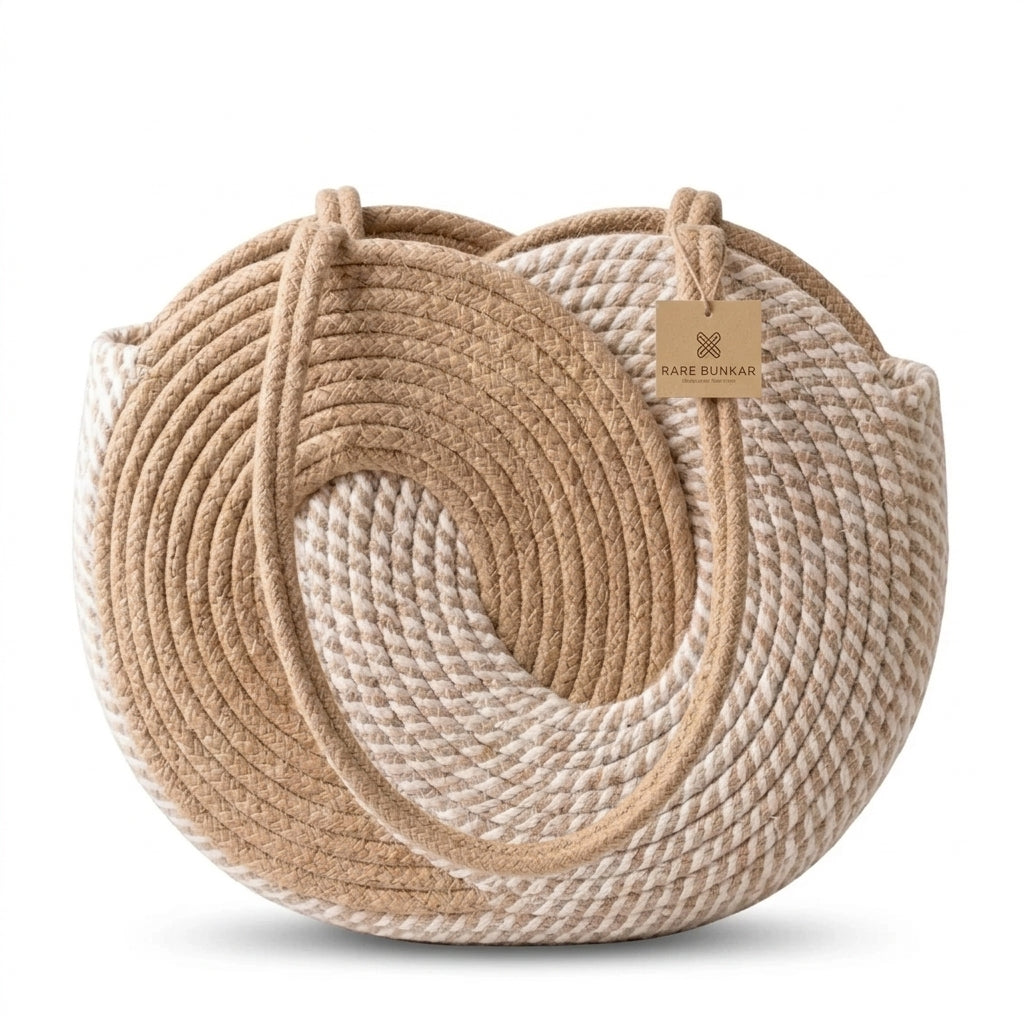 White & Beige Striped Cotton Rope Tote Bag | Handmade Large Shoulder Handbag for Women