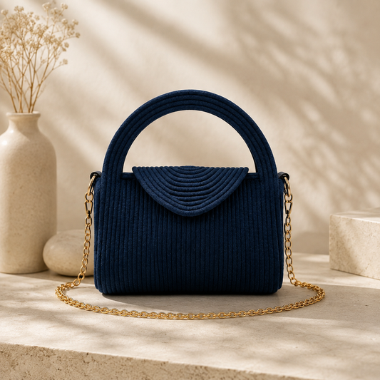 Navy blue handcrafted handbag with a structured handle and gold chain
