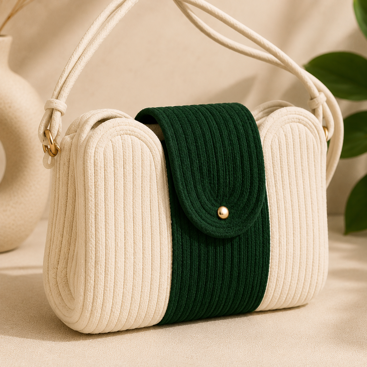 Elegant Two-Tone Corduroy Shoulder Sling Bag