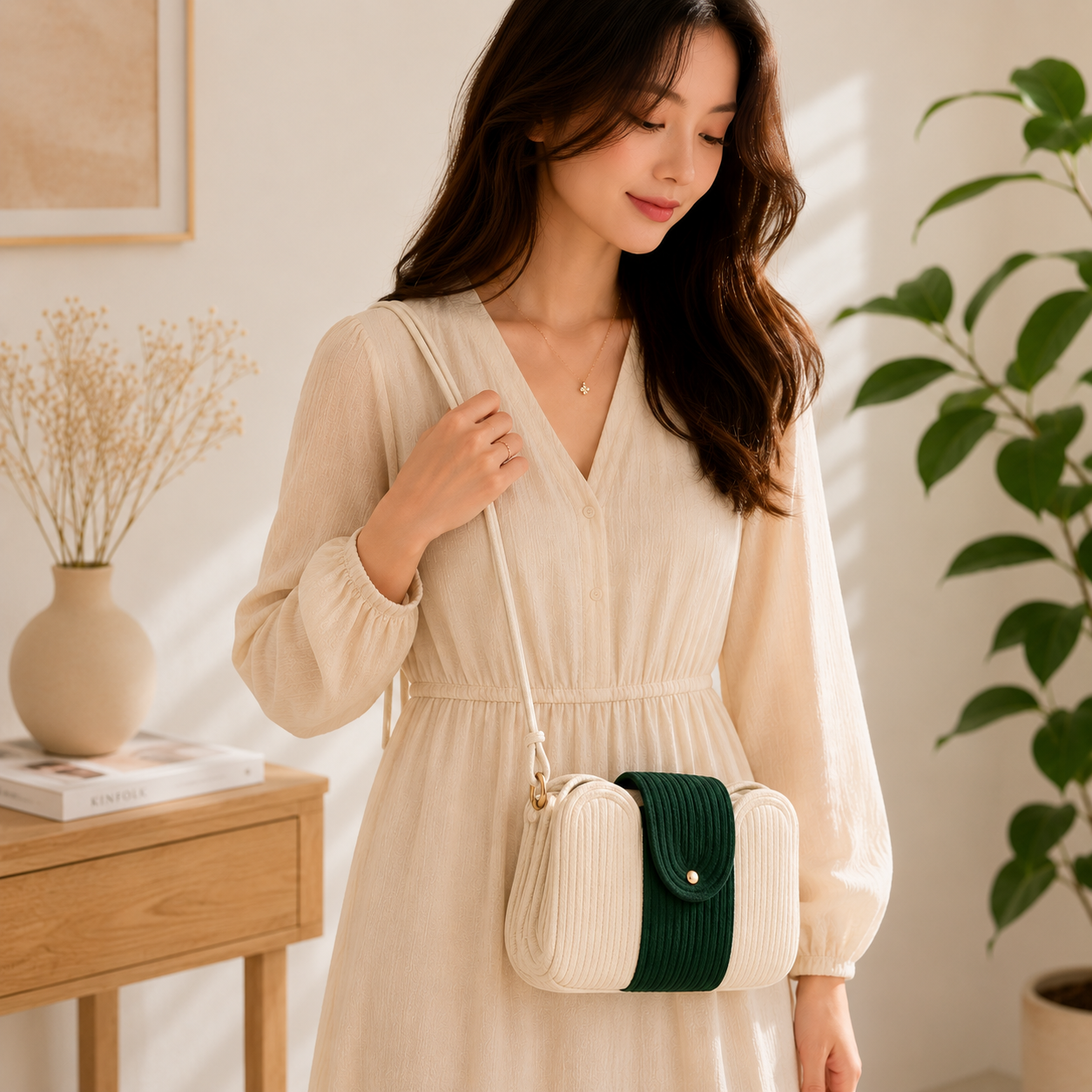 Elegant Two-Tone Corduroy Shoulder Sling Bag