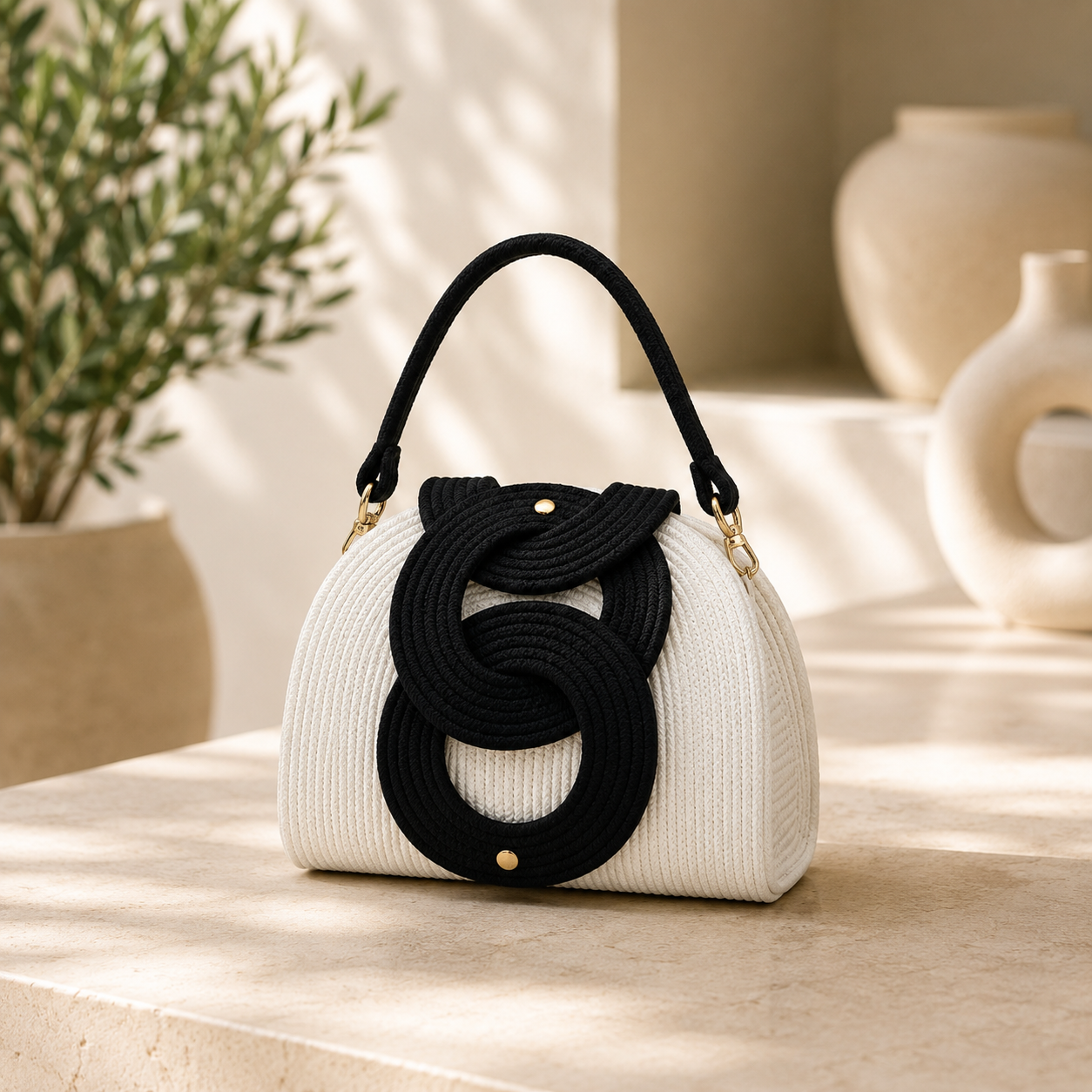 Women's Black & White Woven Handbag | Elegant Rope Design Top Handle Purse | Fashion Shoulder Bag