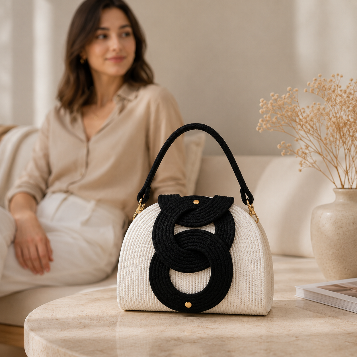 Women's Black & White Woven Handbag | Elegant Rope Design Top Handle Purse | Fashion Shoulder Bag