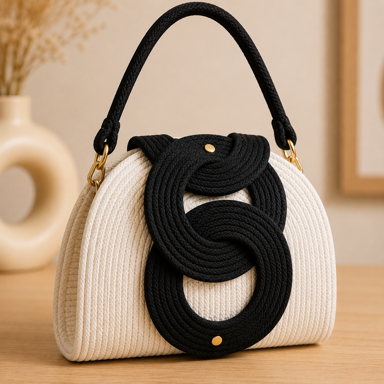 Women's Black & White Woven Handbag | Elegant Rope Design Top Handle Purse | Fashion Shoulder Bag
