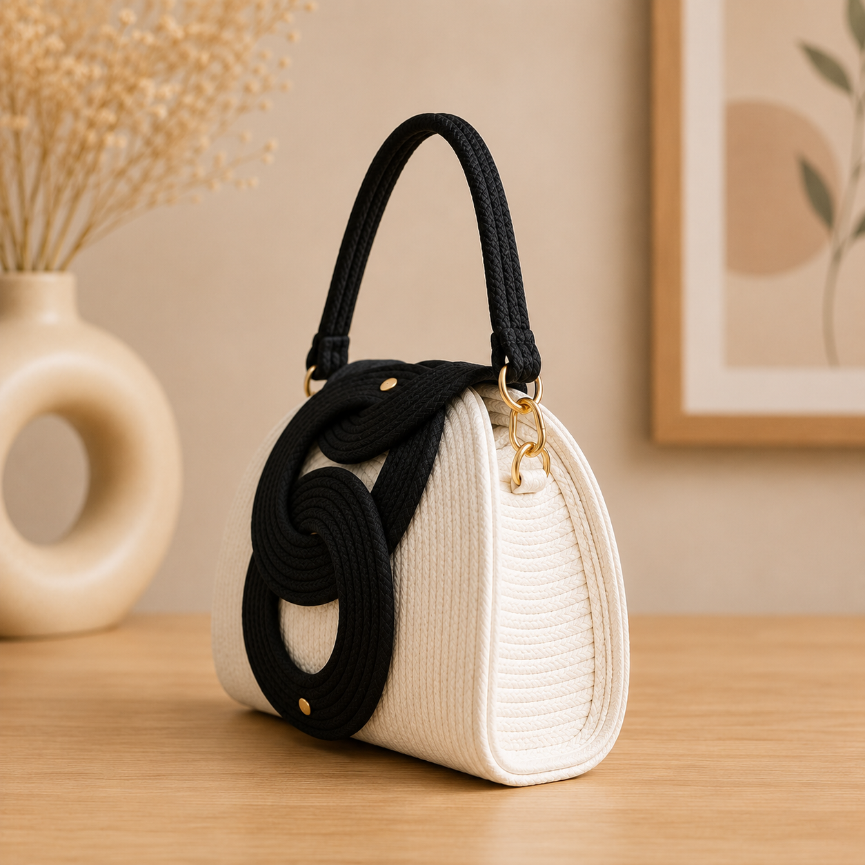 Women's Black & White Woven Handbag | Elegant Rope Design Top Handle Purse | Fashion Shoulder Bag