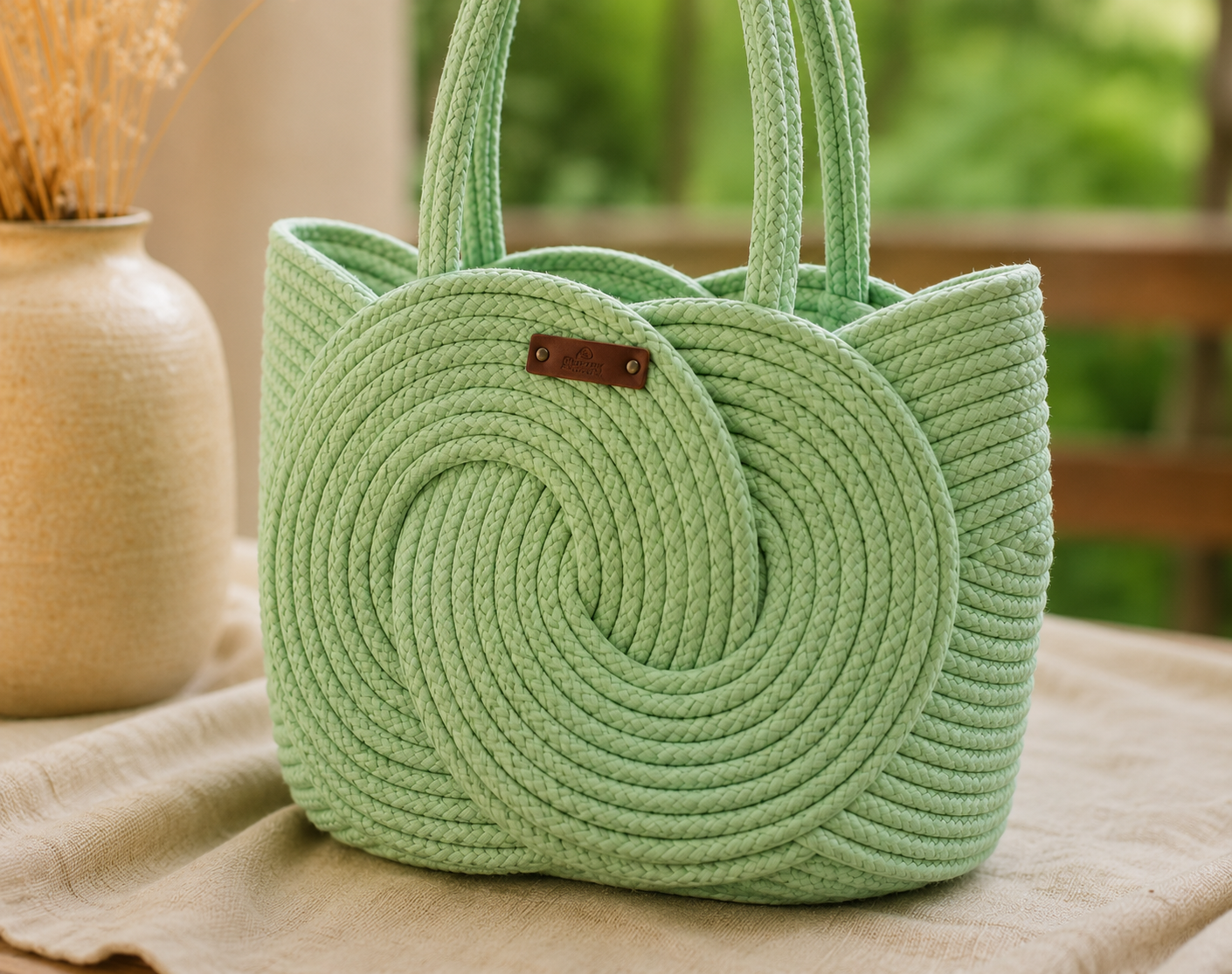 Boho Cotton Rope Green Tote Bag – Handmade Woven Women's Handbag