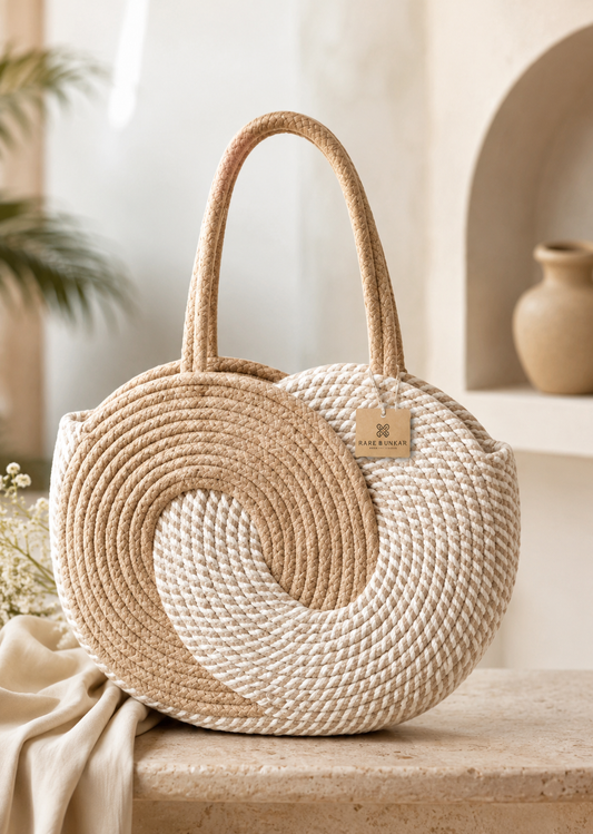 White & Beige Striped Cotton Rope Tote Bag | Handmade Large Shoulder Handbag for Women