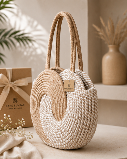 White & Beige Striped Cotton Rope Tote Bag | Handmade Large Shoulder Handbag for Women