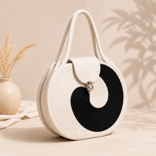 Black & White Striped Cotton Rope Tote Bag | Handmade Large Shoulder Handbag for Women