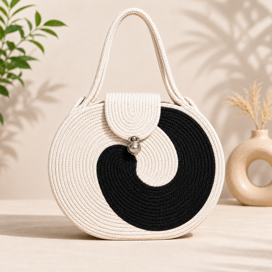 Black & White Striped Cotton Rope Tote Bag | Handmade Large Shoulder Handbag for Women