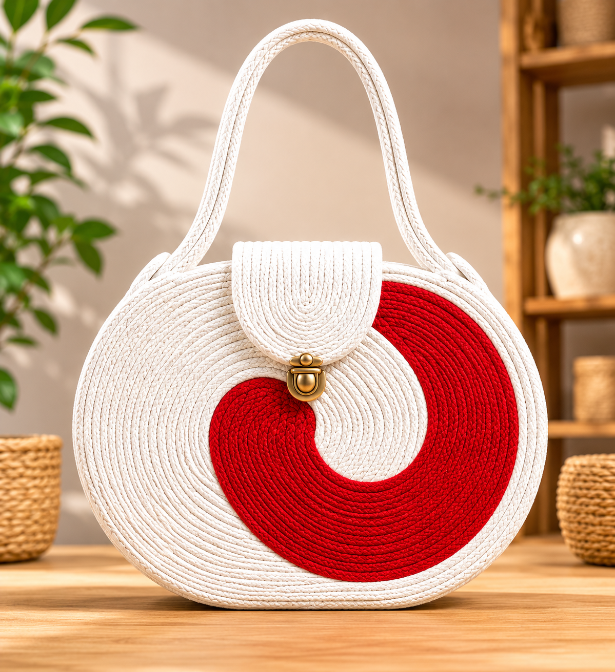 White & Red Striped Cotton Rope Tote Bag | Handmade Large Shoulder Handbag for Women