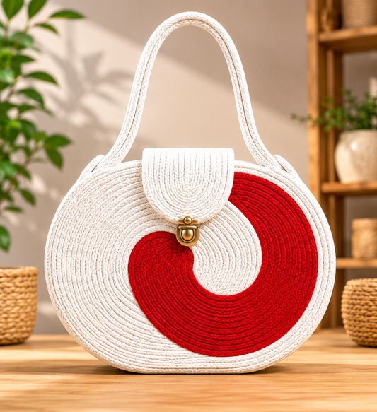 White & Red Striped Cotton Rope Tote Bag | Handmade Large Shoulder Handbag for Women