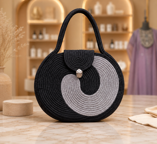 Grey & Black Striped Cotton Rope Tote Bag | Handmade Large Shoulder Handbag for Women