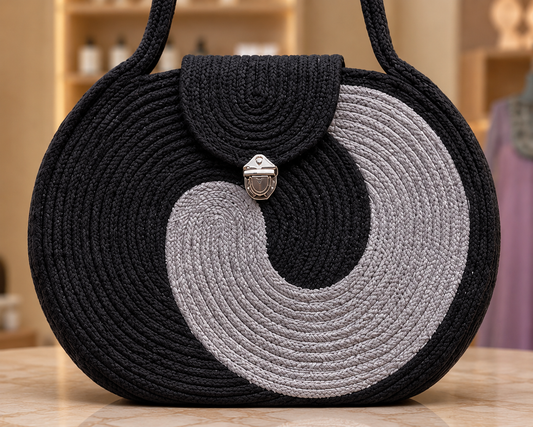 Grey & Black Striped Cotton Rope Tote Bag | Handmade Large Shoulder Handbag for Women