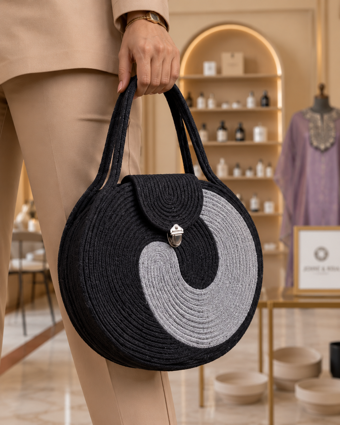Grey & Black Striped Cotton Rope Tote Bag | Handmade Large Shoulder Handbag for Women