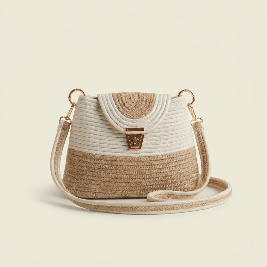 Luxury Beige & White Cotton Rope Handbag | Handmade Structured Crossbody Tote with Gold Lock