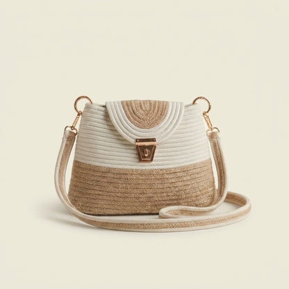 Luxury Beige & White Cotton Rope Handbag | Handmade Structured Crossbody Tote with Gold Lock