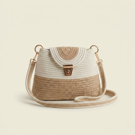 Luxury Beige & White Cotton Rope Handbag | Handmade Structured Crossbody Tote with Gold Lock