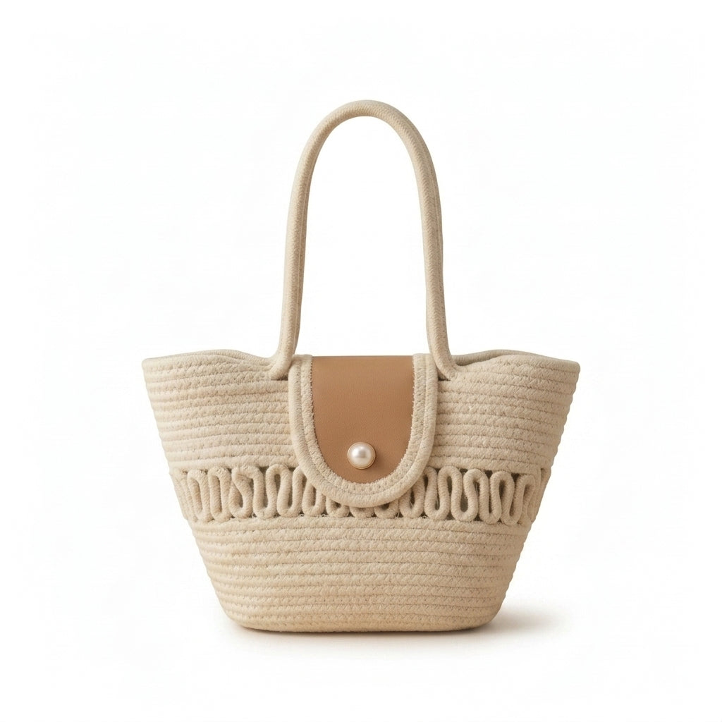 RareBunkar White Leather & Jute Handbag – Stylish Women’s Tote Bag