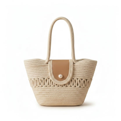 RareBunkar White Leather & Jute Handbag – Stylish Women’s Tote Bag