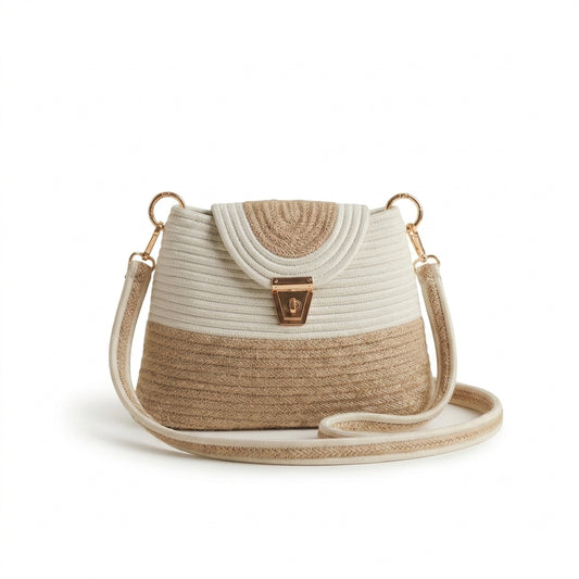 Luxury Beige & White Cotton Rope Handbag | Handmade Structured Crossbody Tote with Gold Lock