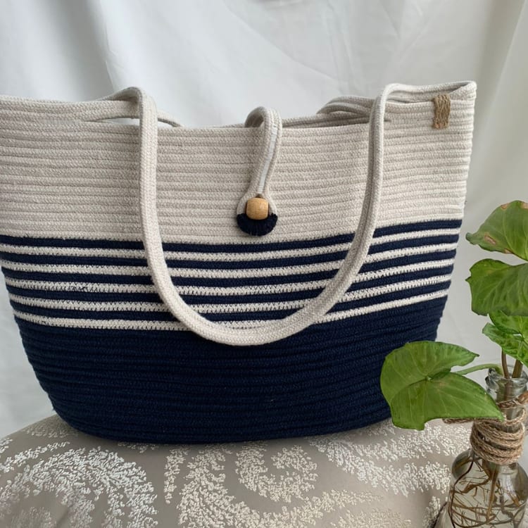 RareBunkar Earthly Elegance White & Black Jute & Cotton Women’s Tote Bag