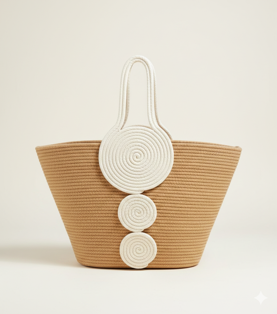 Beige & White Cotton Rope Tote Bag | Handmade Spiral Design Shoulder Handbag for Women