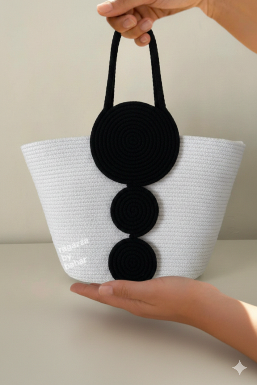 Black & White Cotton Rope Tote Bag | Handmade Spiral Design Shoulder Handbag for Women