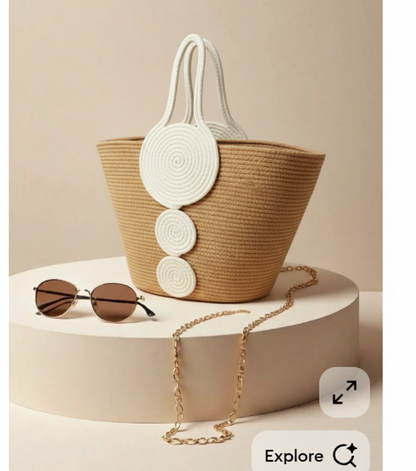 Beige & White Cotton Rope Tote Bag | Handmade Spiral Design Shoulder Handbag for Women