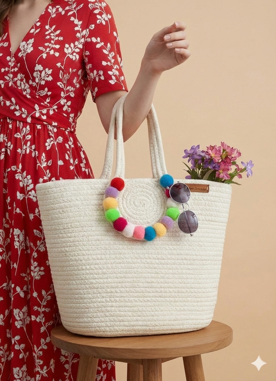 Handmade Cotton Rope Tote Bag with Colorful Pom Poms | Boho Shoulder Handbag for Women